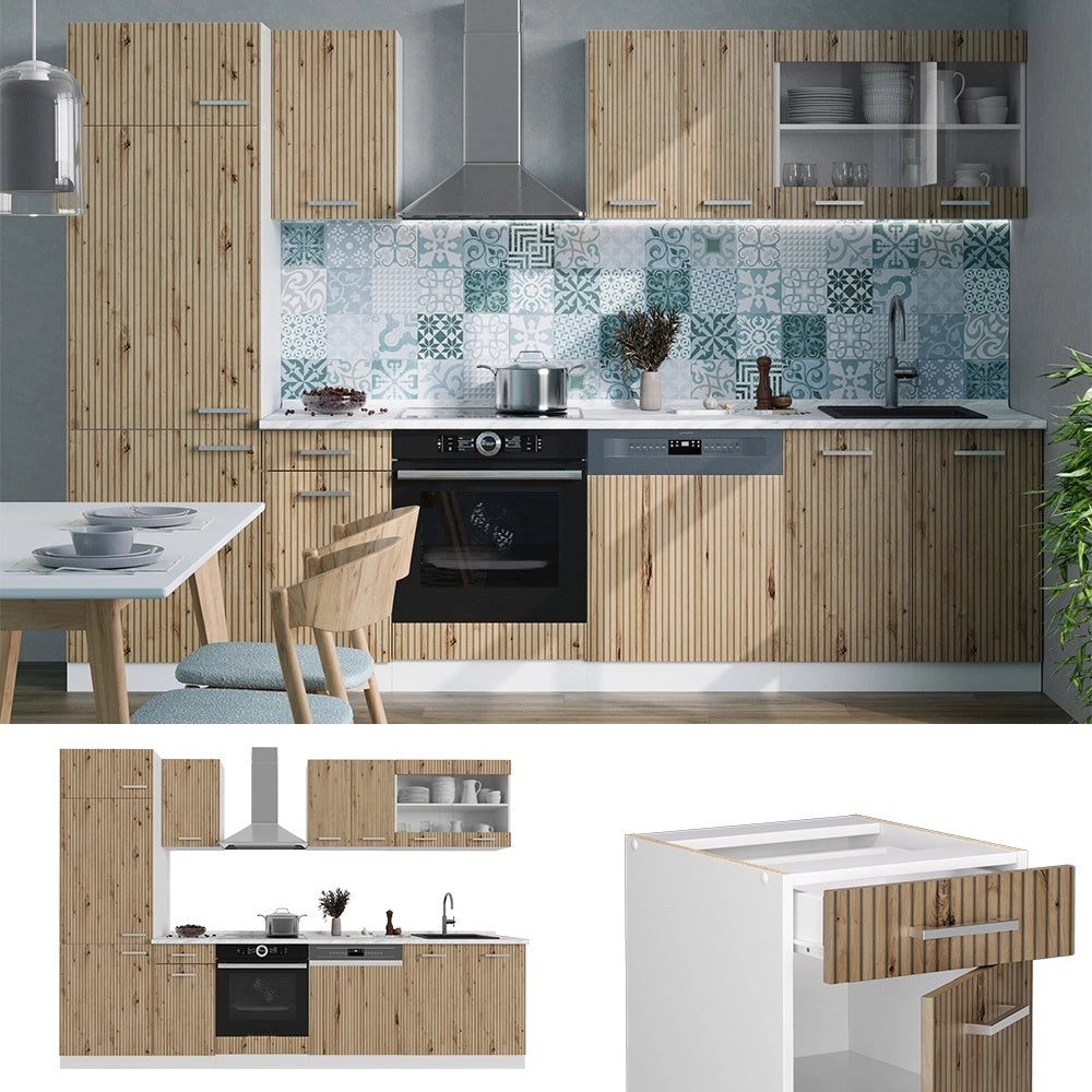 Cucina componibile R-Line Rovere artigianale/Bianco 300 cm, PL Rovere Vicco