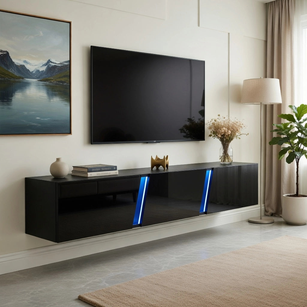 Cassettiera TV a muro nera in truciolare lunghezza 180 cm