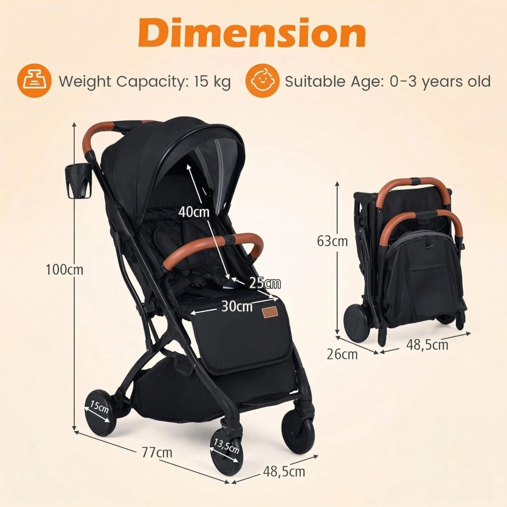 Passeggino Leggero per Bambini e Neonati, Passeggino Pieghevole e Portatile con Ruote, Schienale Regolabile, Tettuccio, Cintura di Sicurezza, Cesto e Copertura Antipioggia (Nero)