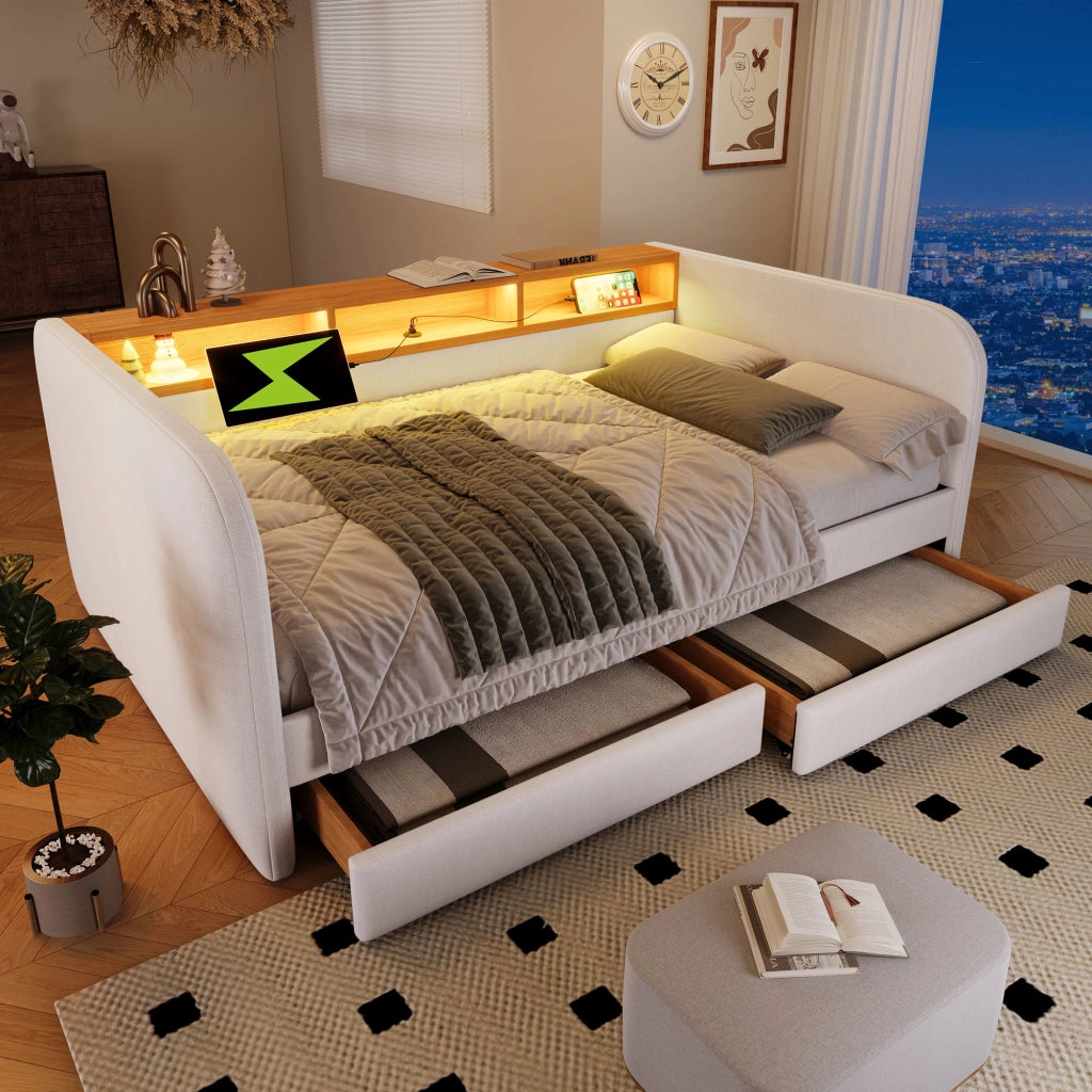 LETTO Imbottito 140x190 cm Beige con LED, USB-C e 2 cassetti