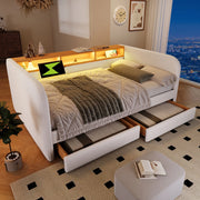 LETTO Imbottito 140x190 cm Beige con LED, USB-C e 2 cassetti