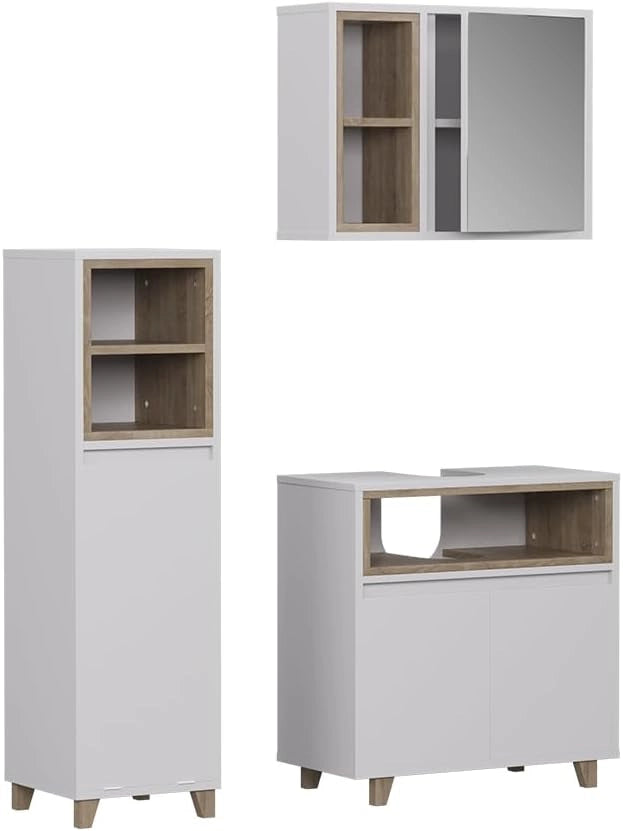 Set di mobili da bagno Elnor, Grigio, 60 cm, composto da mobile sottolavabo, specchiera e colonna alta