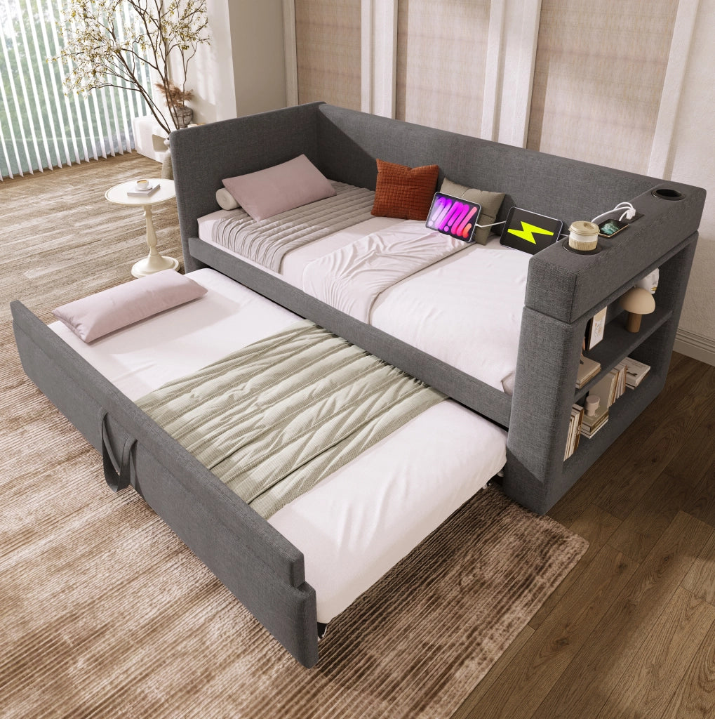 Divano letto con letto estraibile 90x190 cm; 3 USB; Type-C; grigio