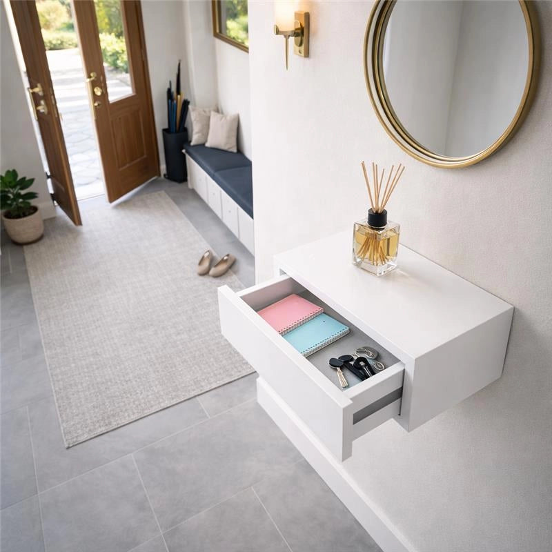 MENSOLA CON CASSETTO DA PARETE SISTEMA REGGIMENSOLA A SCOMPARSA COLORE BIANCO IN LEGNO MDF 40X24X10 CM