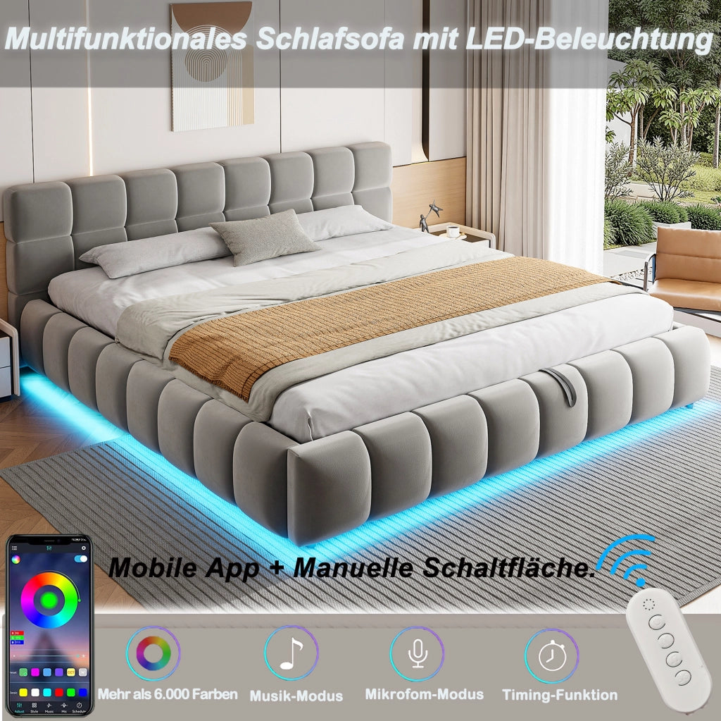 Letto matrimoniale imbottito 160x200 cm in velluto grigio con LED e contenitore idraulico
