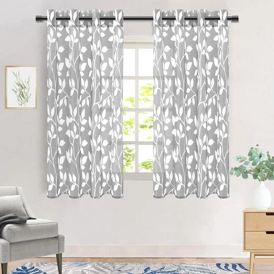Gordini a Voile Corti con Occhielli – Set da 2 – Grigio con Stampato Foglie – 140x160 cm – Translucido per Cucina/Finestra