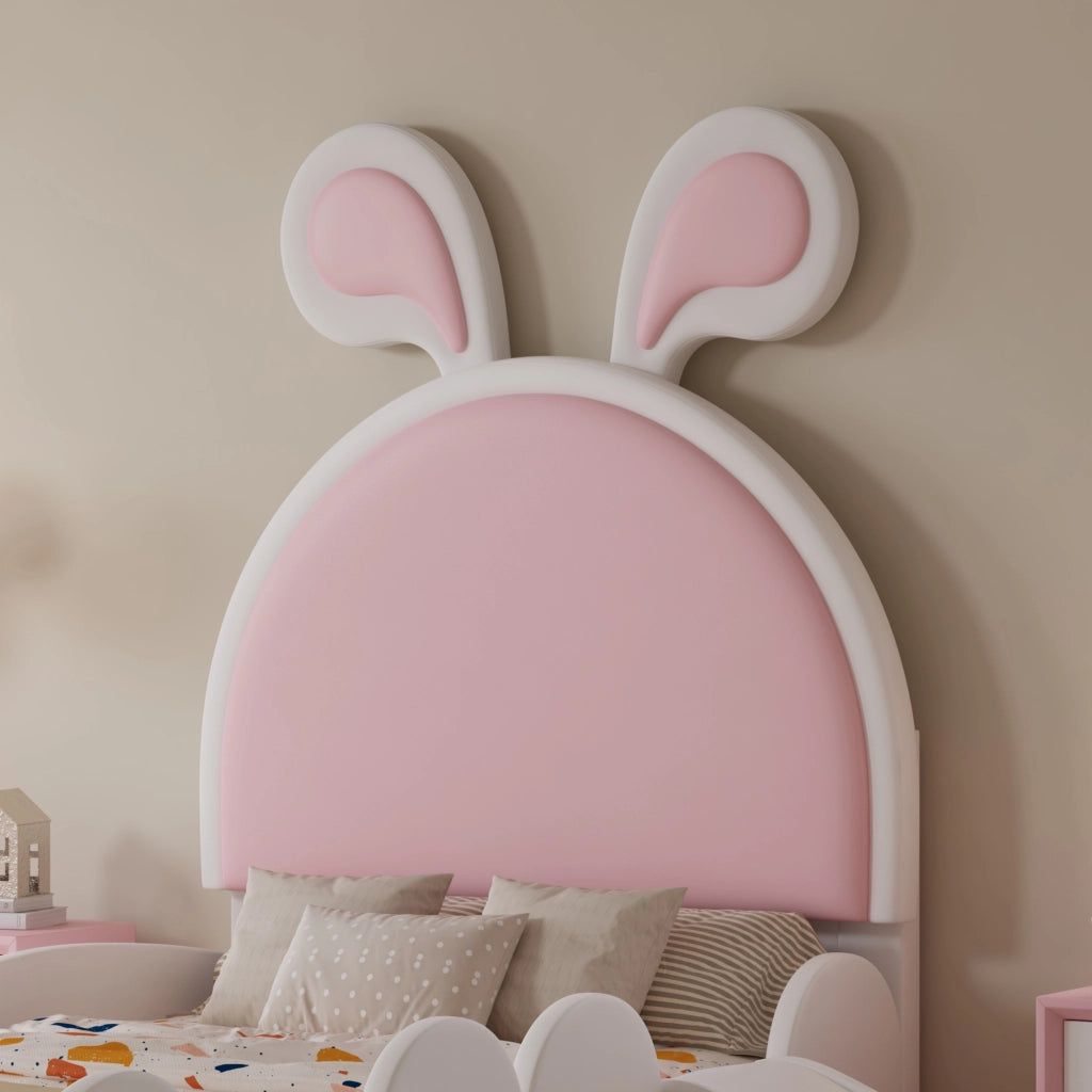 Letto enfant 90×200 cm con scivolo; piccola scala e testiera con orecchie da coniglio; senza materasso