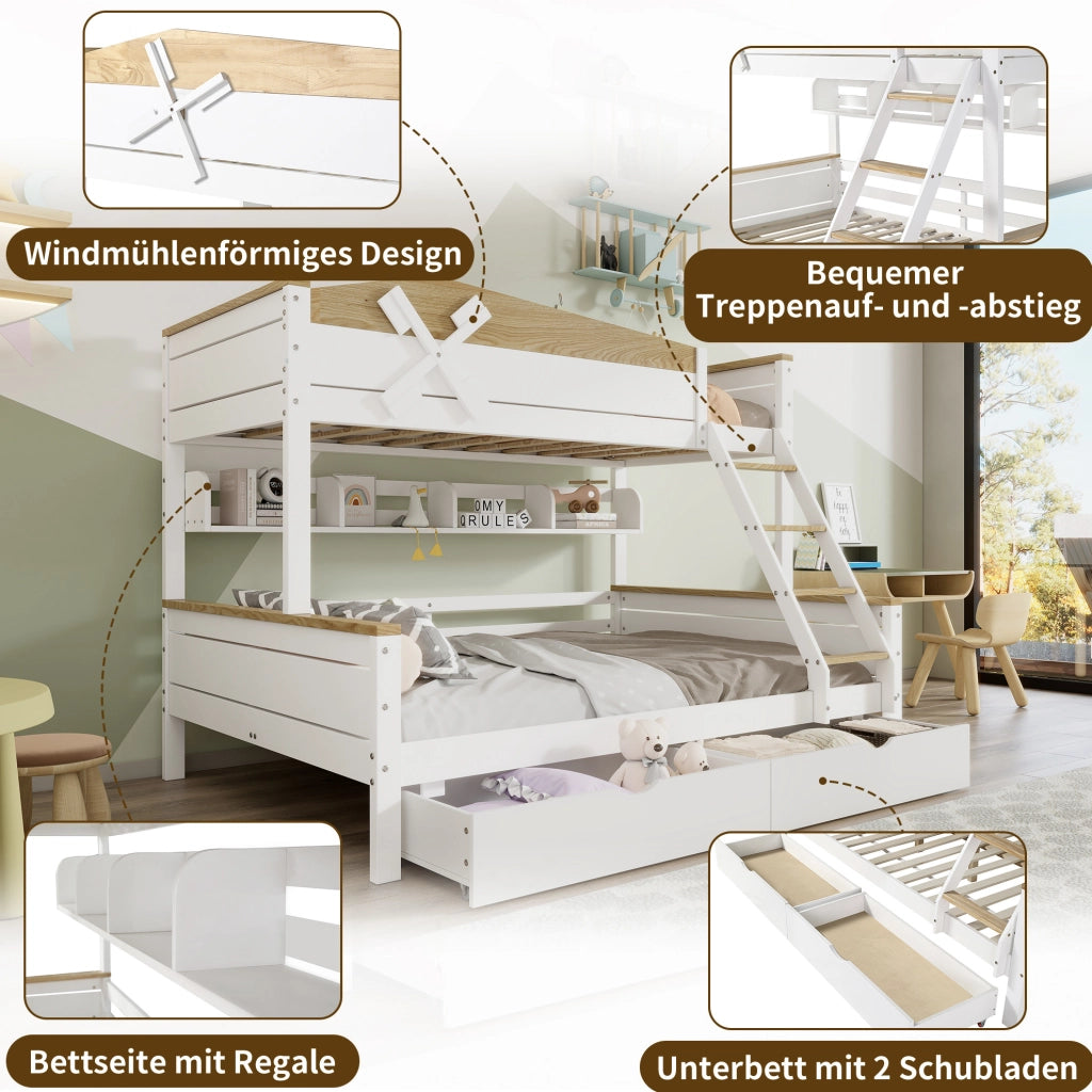 Letto a castello con mulino a vento; ripiani e 2 cassetti; pino e MDF; bianco/naturale