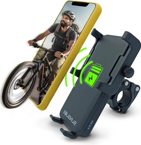 Supporto 3 in 1 per Telefono per Bicicletta Motocicletta Scooter - Batteria Esterna Ricaricabile Senza Fili - LED Integrato per Fari - Durata Batteria Aumentata