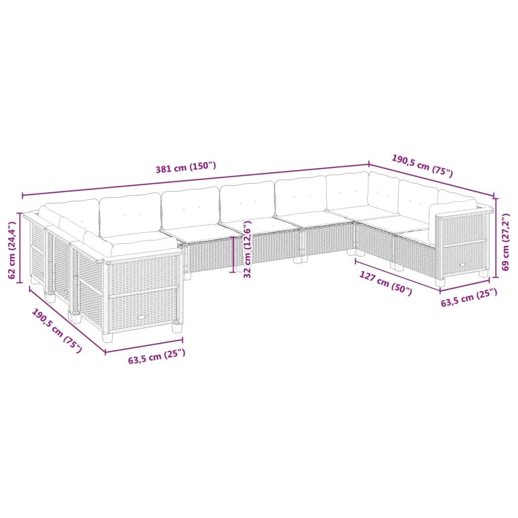 Set Divano da Giardino 10 pz con Cuscini Grigio in Polyrattan 3262020