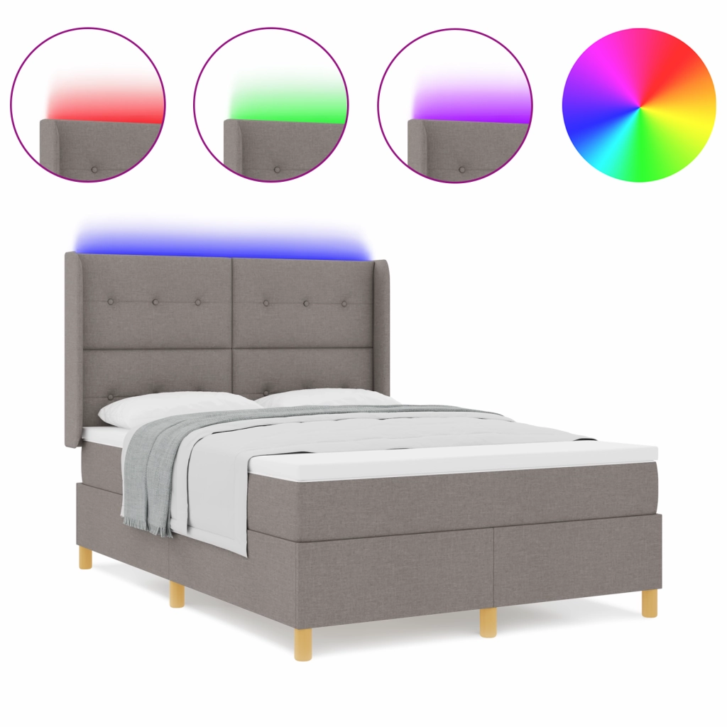 Letto Box Spring con Materasso e LED Taupe 140x190 cm Tessuto