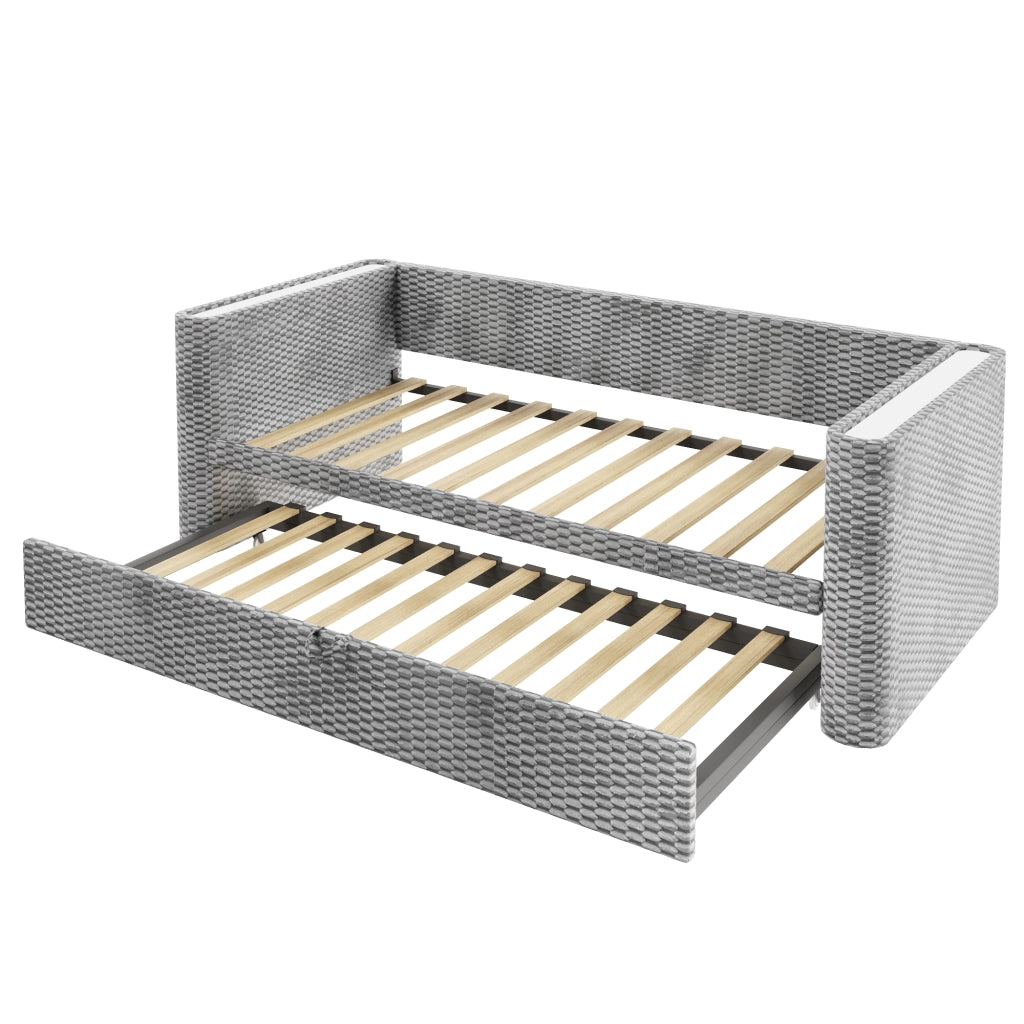 Letto estraibile singolo 90×200 cm e matrimoniale 180×200 cm con LED; rete inclusa; senza materasso; grigio