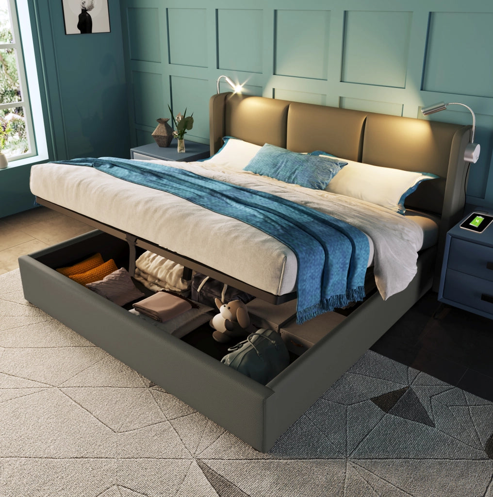 Letto matrimoniale imbottito 160x200 cm grigio con contenitore