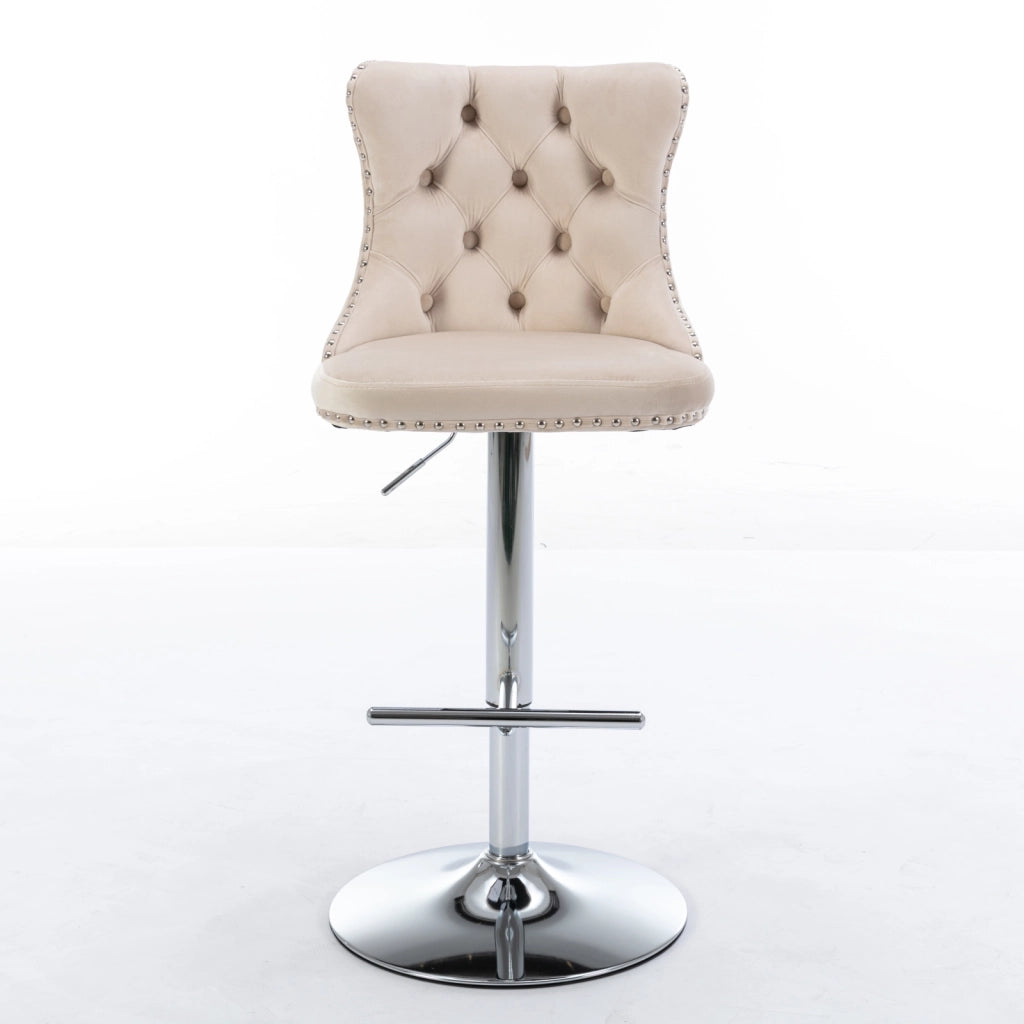 Sgabello da bar girevole in velluto con altezza regolabile e schienale imbottito, base cromata beige
