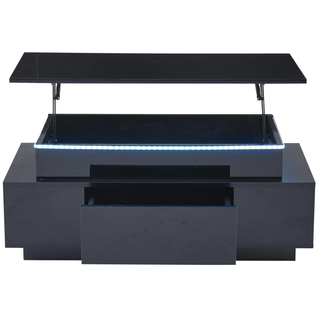 Tavolino da caffè 96x45x40 cm con piano sollevabile; LED e ampio vano contenitore in truciolato nero