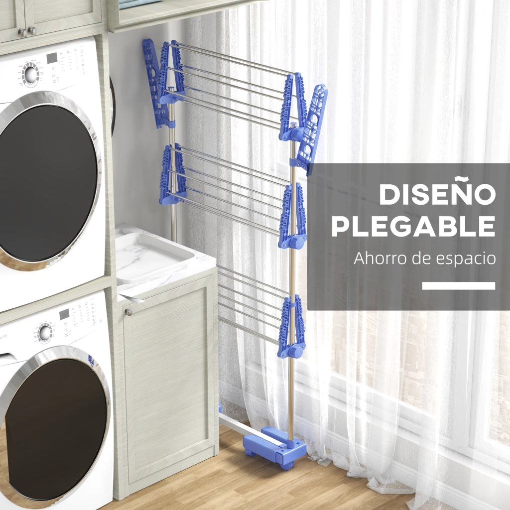 Asciugatoio Verticale a 3 Livelli con 6 Ruote ¨C Zephmum ¨C Acciaio Inox, Blu, 2 Ante Laterali, Ripiani Regolabili
