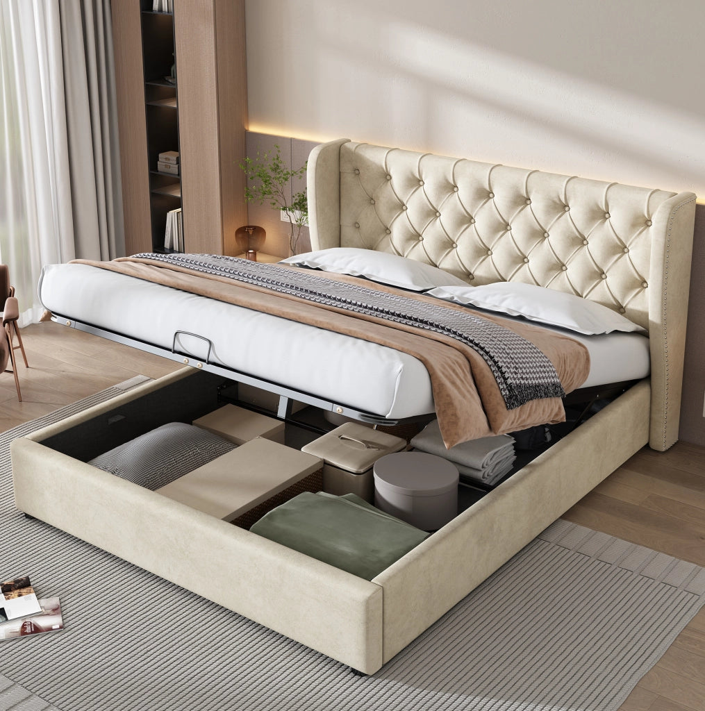 Letto contenitore imbottito Chesterfield 160x200 in velluto beige con rete a doghe