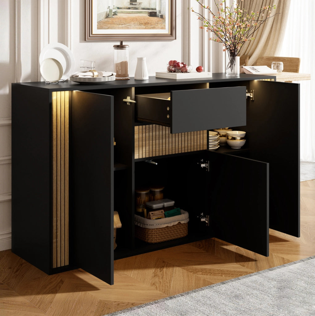 Credenza con 3 ante; 1 cassetto e LED regolabile; 140x40x82 cm; nero naturale