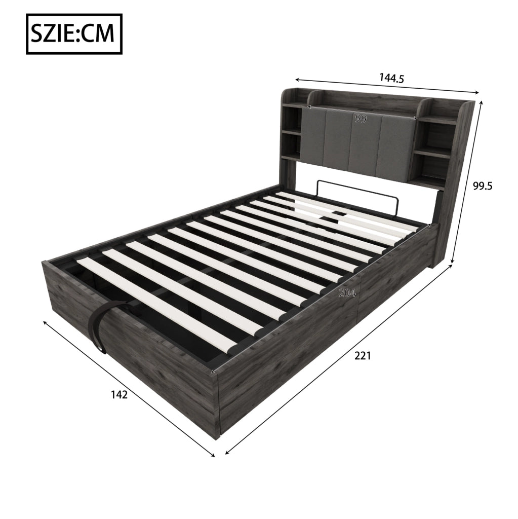 Letto singolo multifunzione 140x200 cm con contenitore idraulico; USB e USB-C; grigio