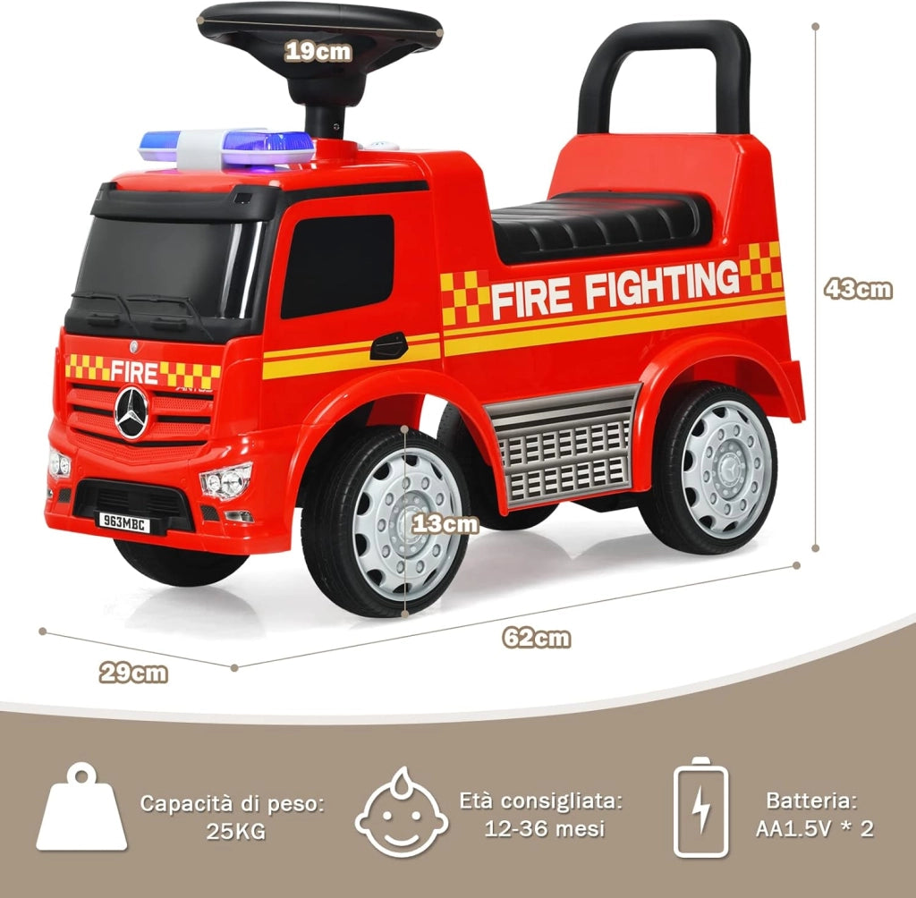 Camion dei Pompieri per Bambini, Macchinina Cavalcabile per Bambini, con Volante, Schienale, Macchina Cavalcabile con Piedi a Terra, Rosso