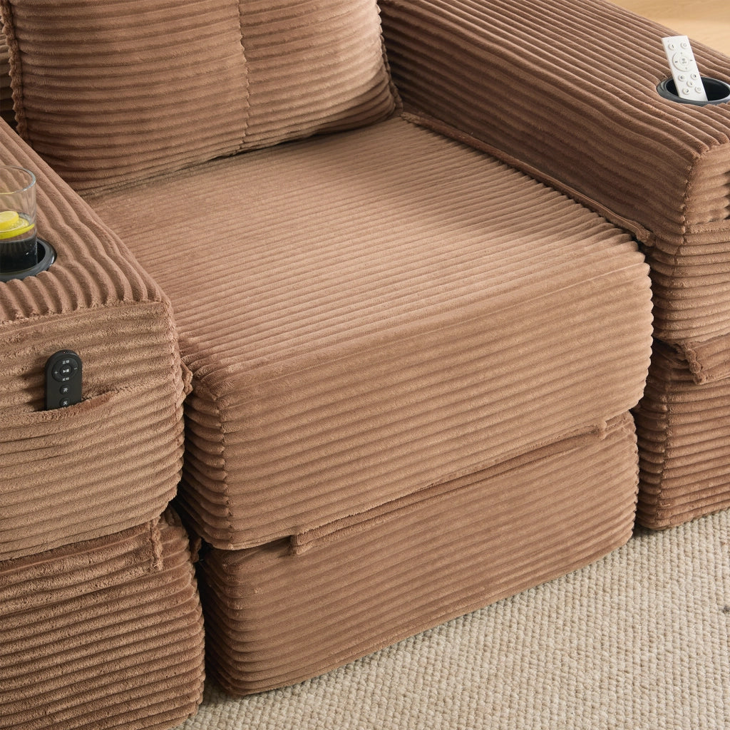 Divano letto modulare in velluto a coste con schiuma 30D, molle, tasche laterali e portabicchieri marrone