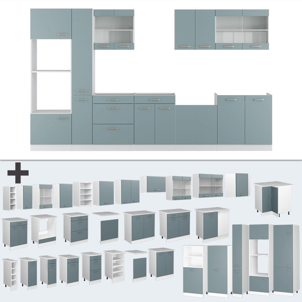 Vicco Cucina componibile Blu-grigio/bianco 350 cm con armadio alto, PL Rovere