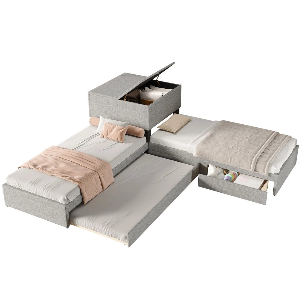 Letto Angolare con Letto Estraibile e Contenitore ¨C MINIMAL ¨C Velluto Grigio 90x200