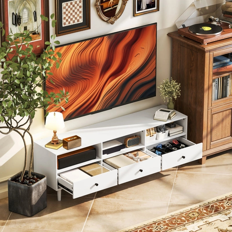 Mobile TV bianco 140x34x45 cm con 3 cassetti, 3 vani a giorno e passacavi