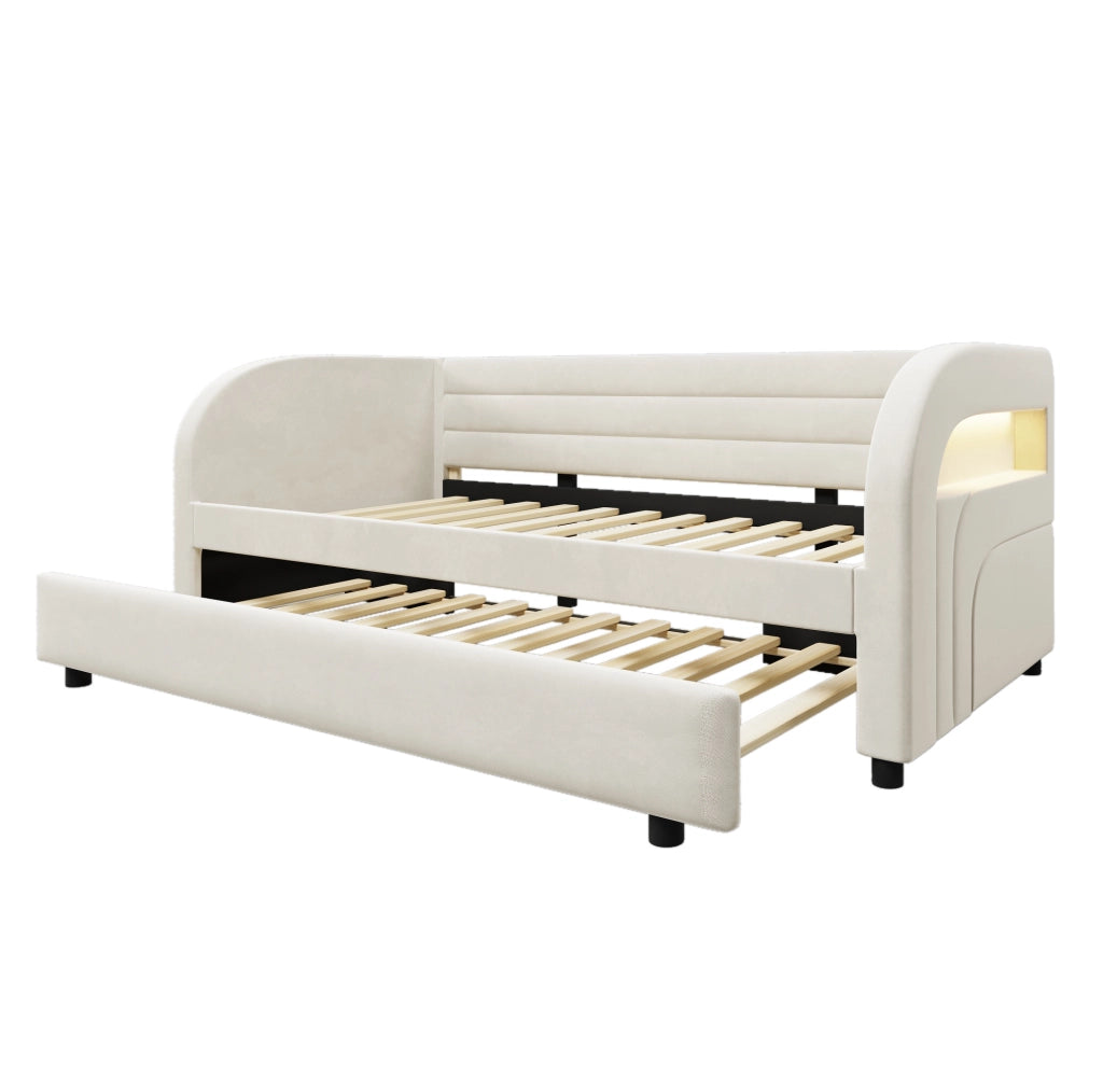 Letto 90x200 cm con letto estraibile e LED in flanella beige