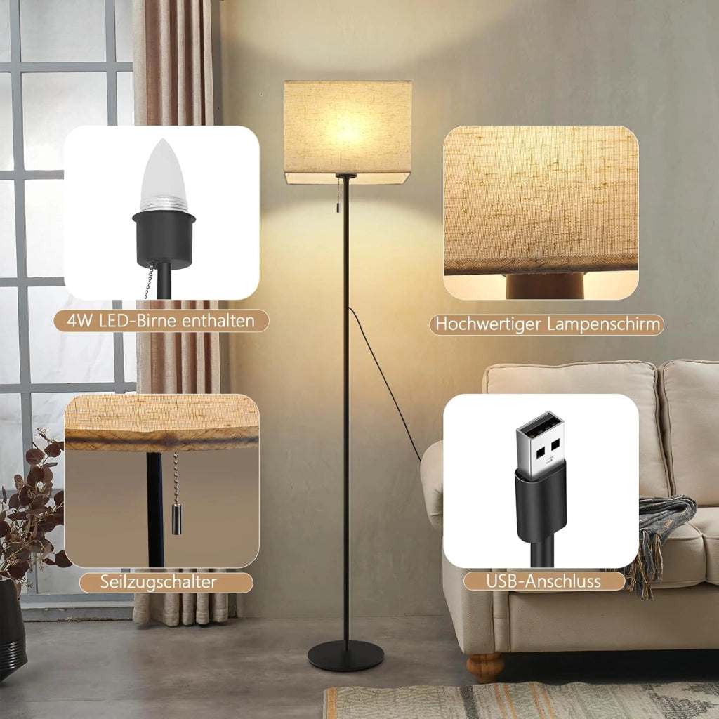 ZMH Lampada da terra LED retrò paralume tessuto dimmerabile interruttore cavo per soggiorno