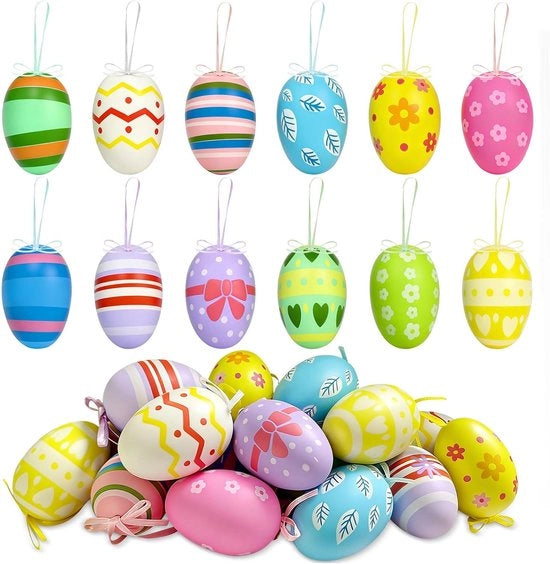 Set di 24 uova di plastica per Pasqua - Decorazione da appendere colorata - Motivi botanici - Uova di Pasqua per tavola e bouquet di Pasqua