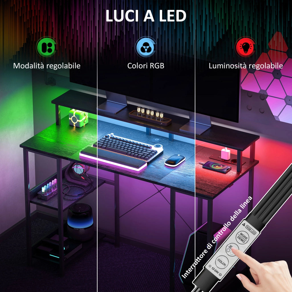Scrivania Gaming con LED e Supporto Monitor ¨C Xylo ¨C Nero 120x50cm con Scaffale e Prese Elettriche