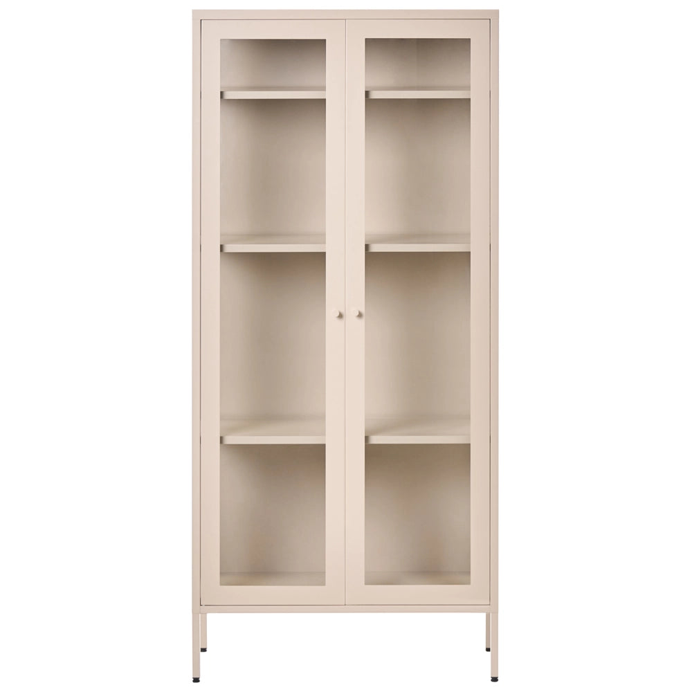 Credenza alta in metallo con 2 ante ed elementi in vetro, stile industriale moderno beige chiaro sala da pranzo soggiorno