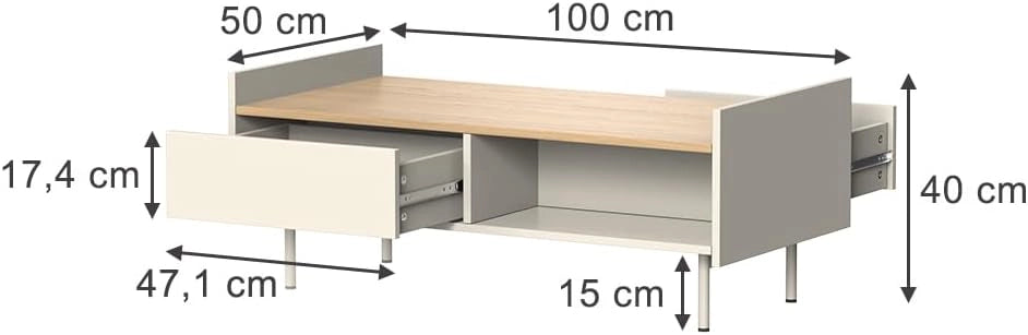 Tavolino Velina, Crema, 100 x 50 cm con 2 cassetti, adatto per riporre riviste e telecomandi