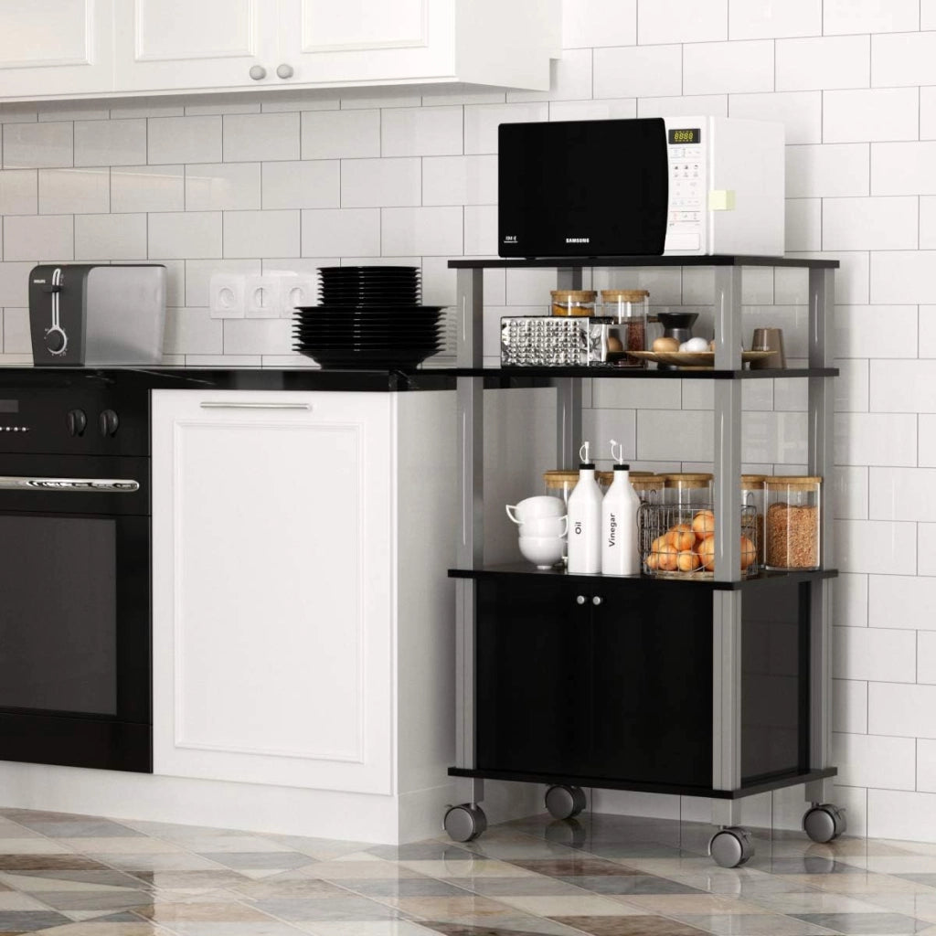 Carrello a rotelle a microonde, carrello da cucina a microonde, con 4 ruote e 2 freni, ripiano portaoggetti a 3 livelli e armadio ante,60 x 40 x 98 cm (Nero)