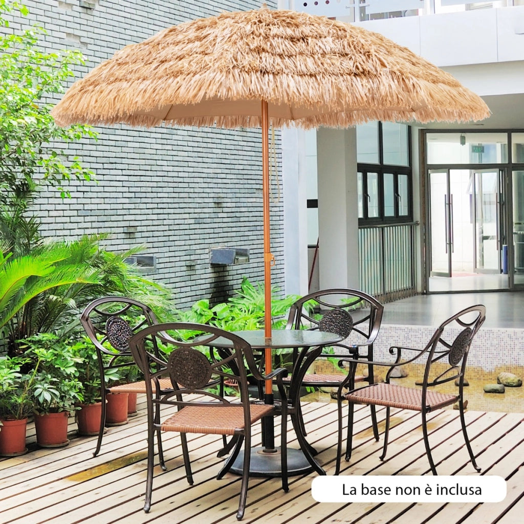 Ombrello tiki con tetto di paglia da 205cm, Ombrello hula da esterno hawaiano con 8 stecche in metallo Naturale-Ombrelloni