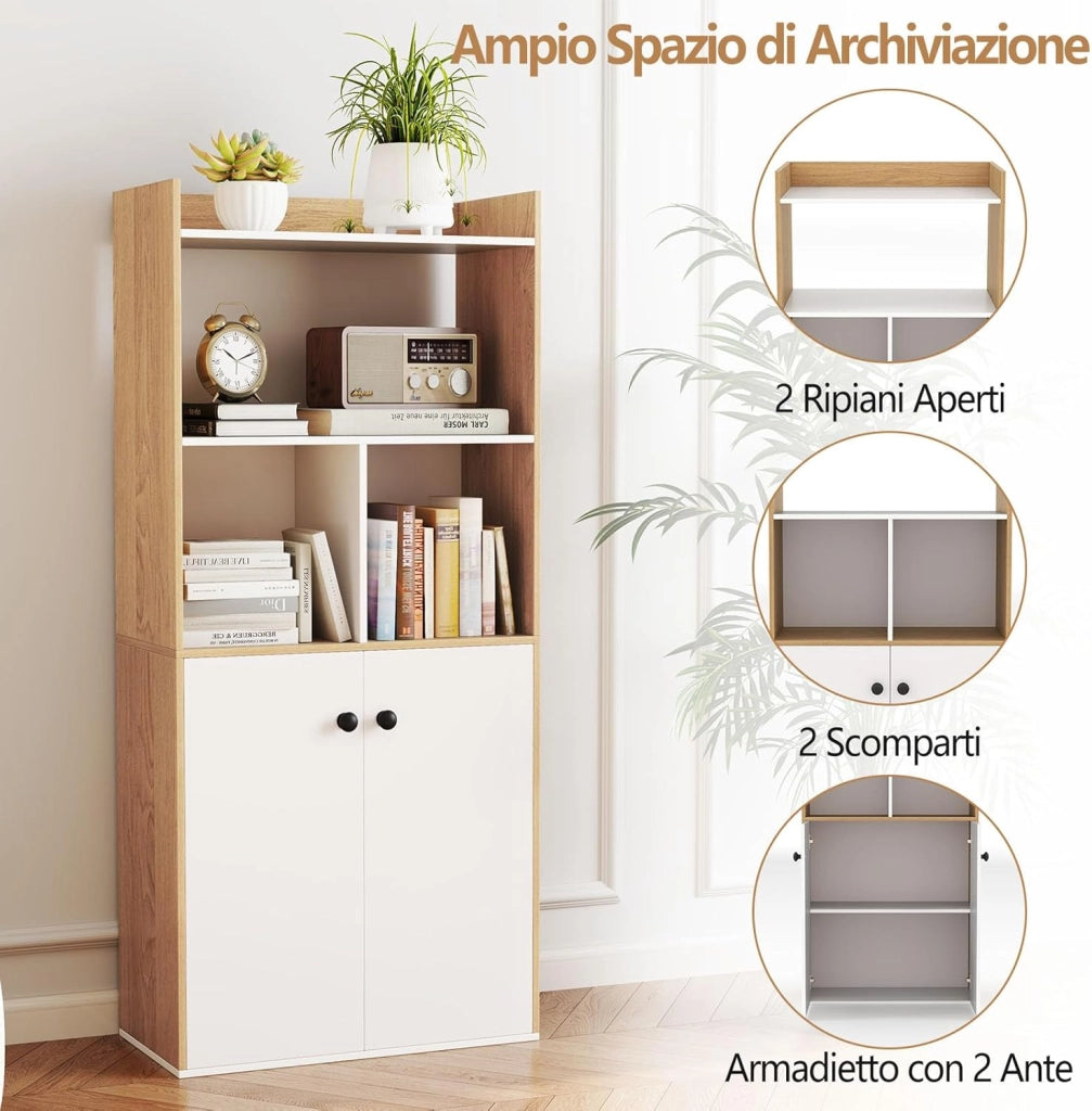Libreria Scaffale con 2 Ante di Stoccaggio, Libreria Salvaspazio Moderna con 4 Ripiani in Legno Aperti, Mobile Alto Ufficio, per Soggiorno, Camera da Letto, 60 x 30 x 133 cm (Naturale)