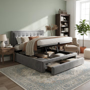 Letto matrimoniale imbottito con contenitore e cassetti; testiera regolabile in velluto grigio 140 x 200 cm