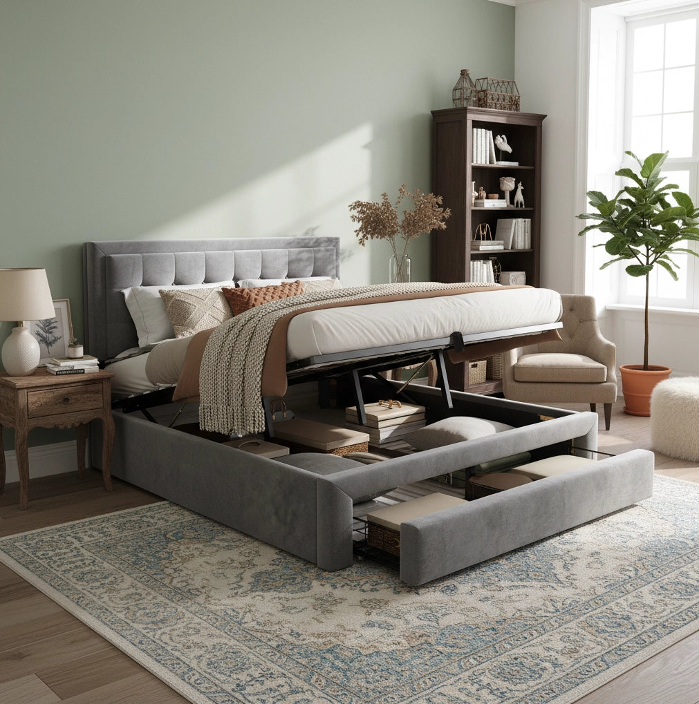 Letto matrimoniale imbottito con contenitore e cassetti; testiera regolabile in velluto grigio 140 x 200 cm
