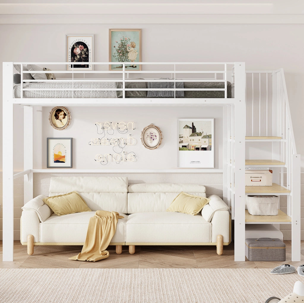 Letto a soppalco 90x200 cm in metallo e legno; con scala e spazio contenitore; bianco