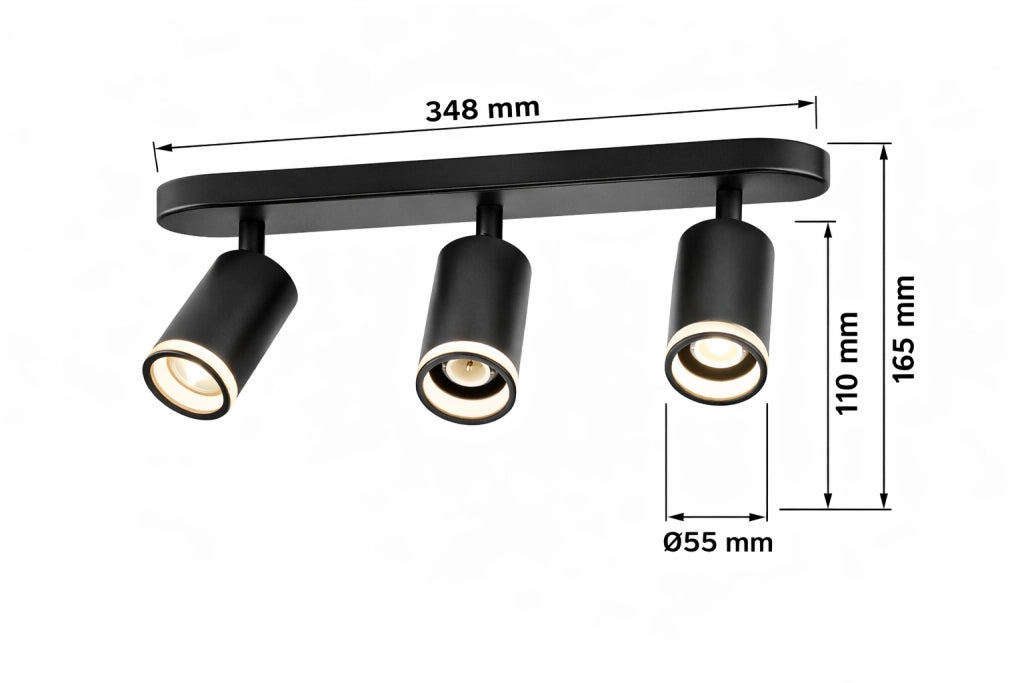 Plafoniera 3 Faretti Orientabili GU10 Nero, Portafaretto Soffitto Moderno in Alluminio, Attacco GU10 Max 35W, Spot Cilindrici Direzionabili per Cucina Corridoio Camera, Lampadine Non Incluse