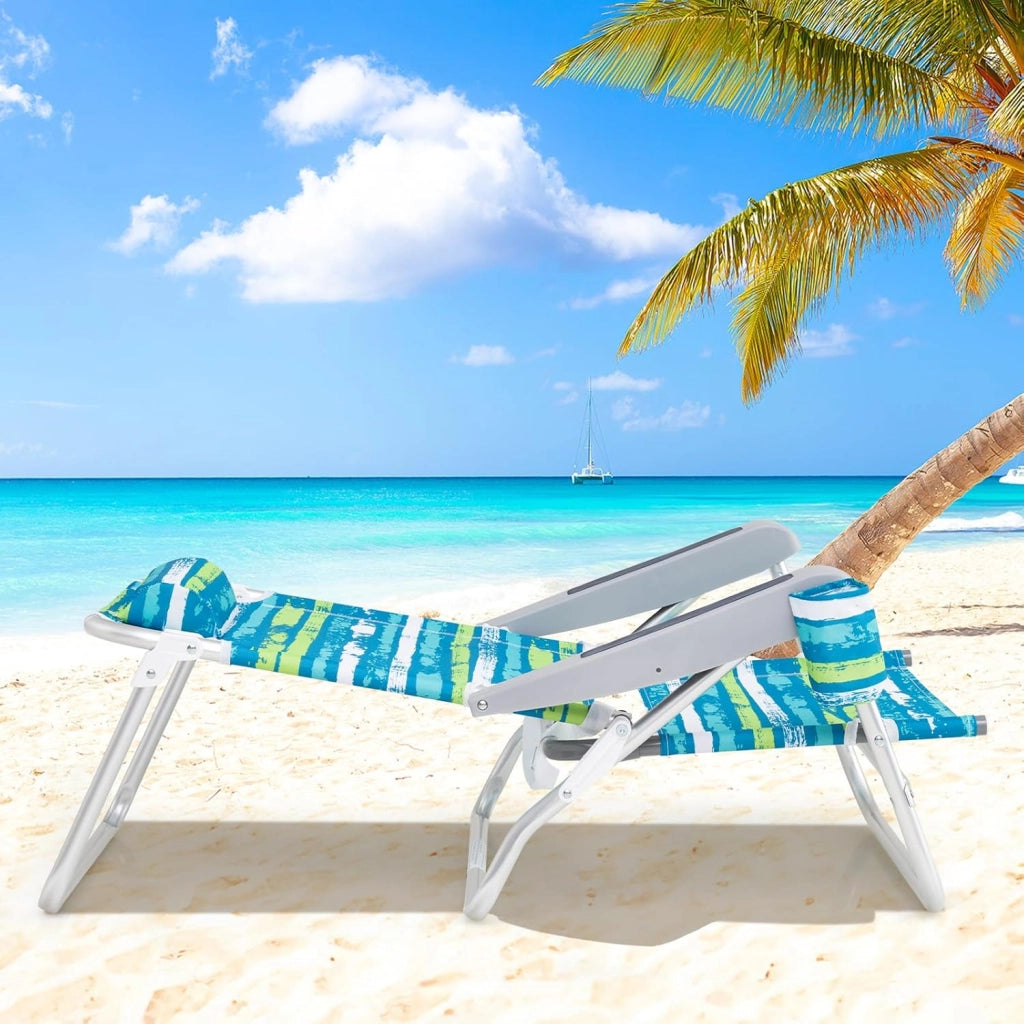 Set di 2 Sedie Pieghevole da Spiaggia, Lounge Sdraio con 5 Posizioni Regolabili, Poltrona da Mare con Cuscino, Porta Asciugamano, Braccioli & Portabicchieri, Portata 150 kg (Verde)
