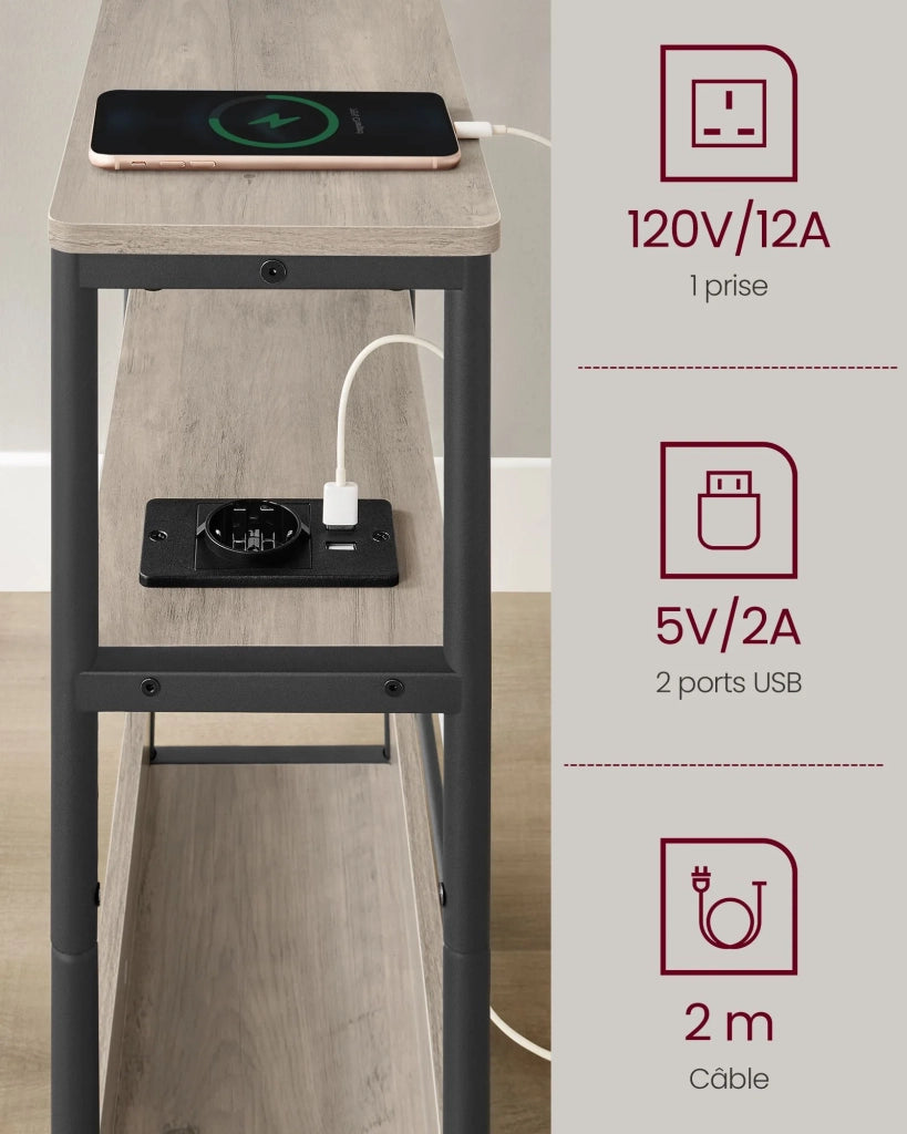 Tavolino sottile con multipresa comodino a 3 ripiani tavolino per piccoli spazi portariviste soggiorno camera da letto ufficio tavolini grigi 12_0007558