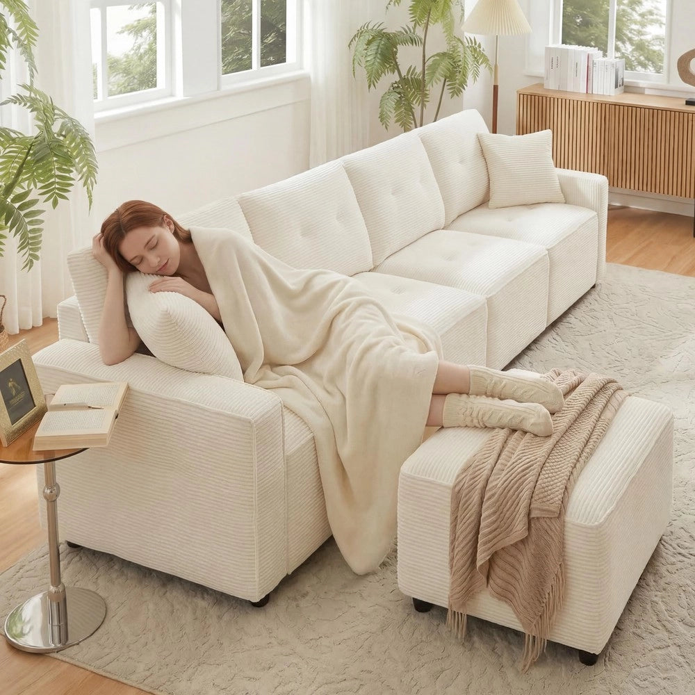 Divano 4 posti con contenitore e poggiapiedi ¨C Minimal ¨C Beige velluto 280x146x85 cm
