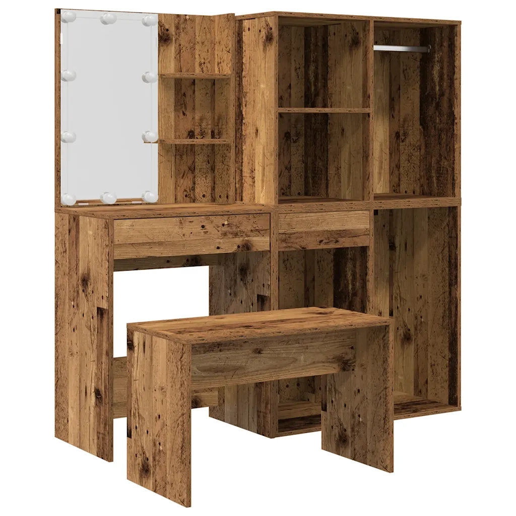 Set Tavolo da Toeletta | Tavolo da Trucco con LED Legno Antico Legno Multistrato