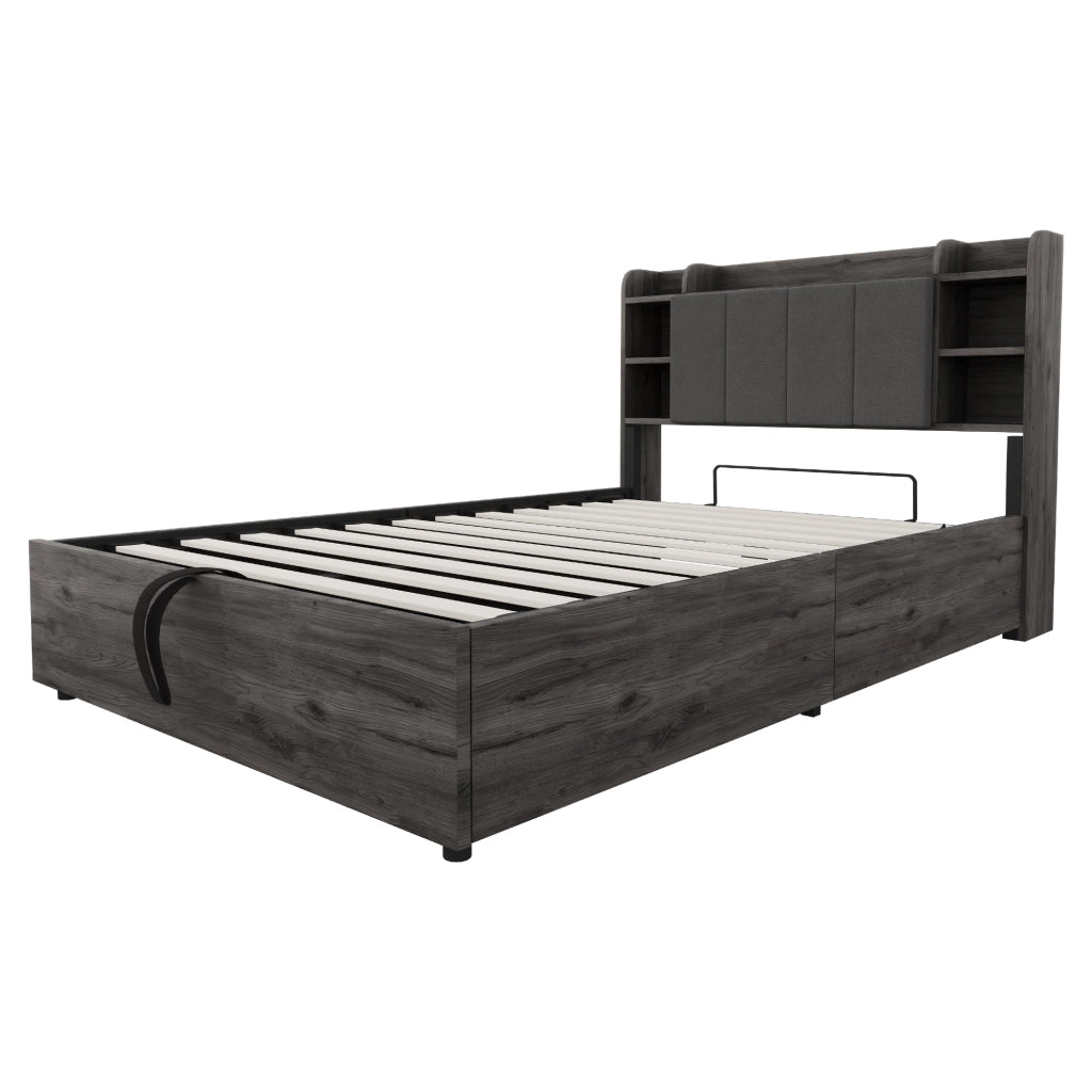 OKWISH Letto contenitore 140×200 cm, Letto Matrimoniale con Contenitore Idraulico, USB, Tipo C e Scomparti, senza Materasso, MDF, Grigio