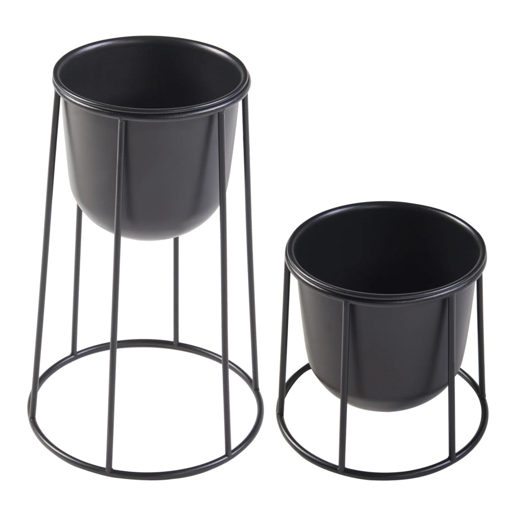 Set di 2 portavasi di varie dimensioni con fioriere in metallo nero 03_0010594
