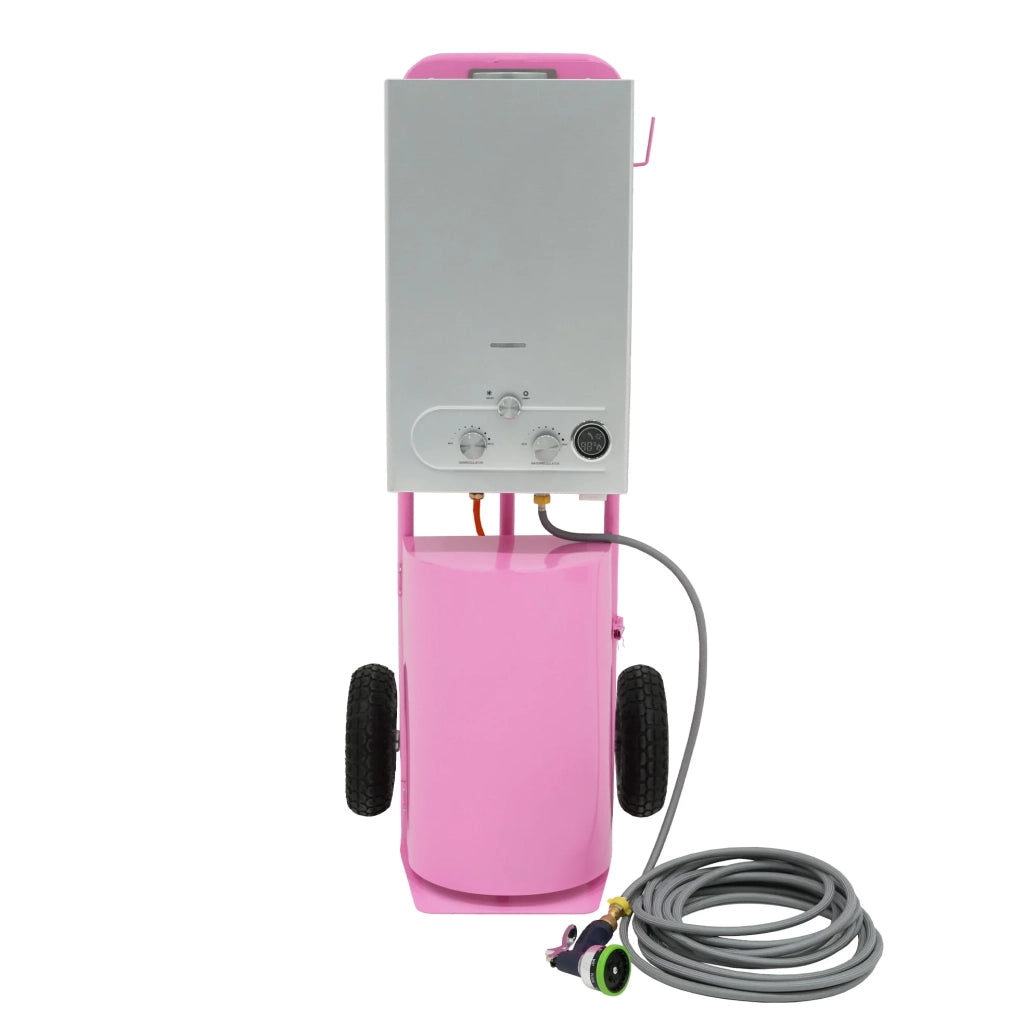 Doccia portatile per cavalli con carrello rosa, serbatoio 18L, tubo 10m.