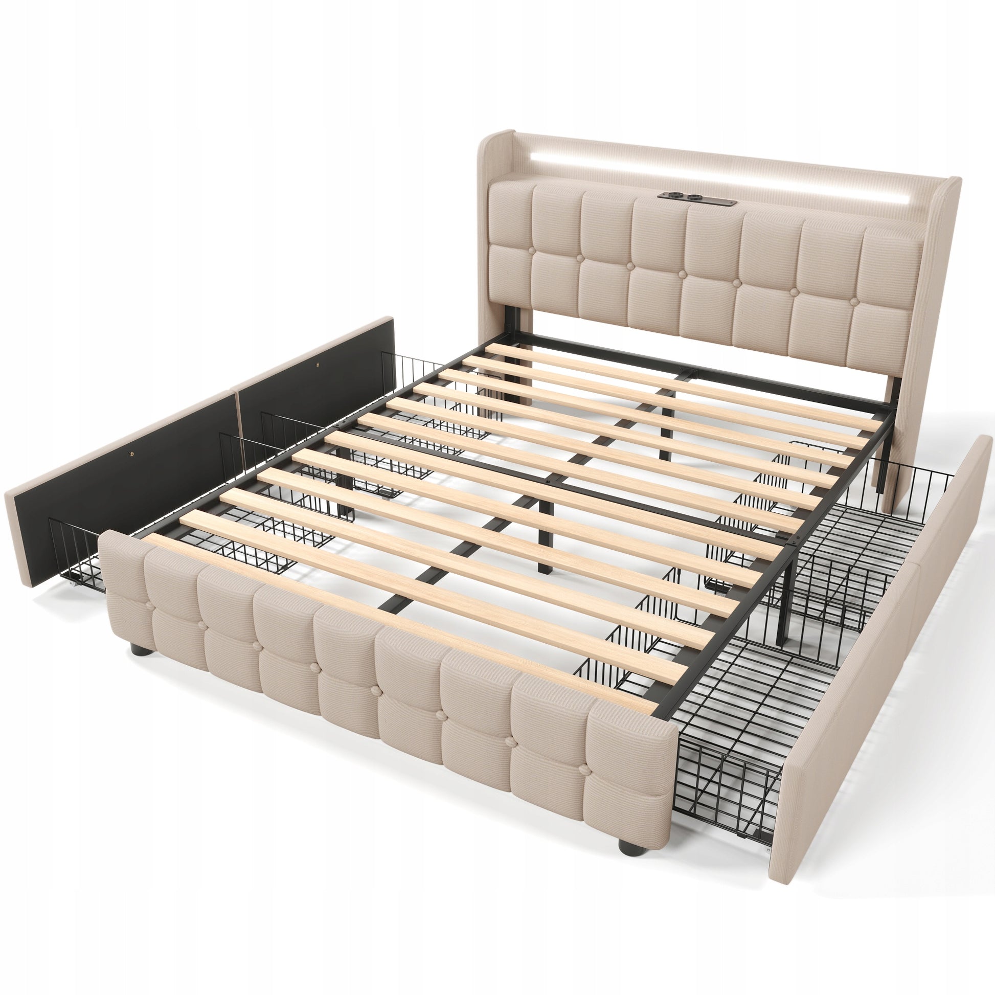 Letto matrimoniale imbottito - Xylo - 140x200 cm - Beige - Luci LED, testiera regolabile
