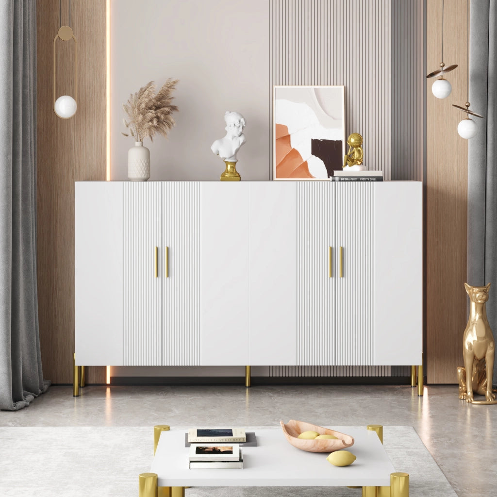 Credenza Bianca Moderna Mobile Buffet 4 Ante con Dettagli Oro 160x35x100cm